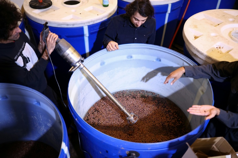 Siavash Karampour (à gauche) et Sasan Oskouei (au centre) mélangent des raisins secs à de l'eau pour la fabrication d'une eau-de-vie traditionnelle iranienne appelée aragh sagi, dans une distillerie de Yonkers, dans l'État de New York, le 21 avril 2026
