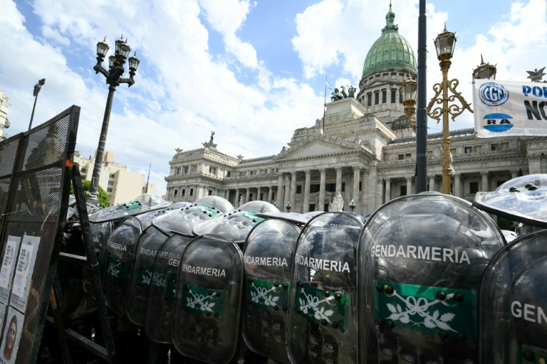 Des gendarmes bloquent l'accès au Sénat où est débattu un projet de réforme du travail à Buenos Aires, le 11 février 2026