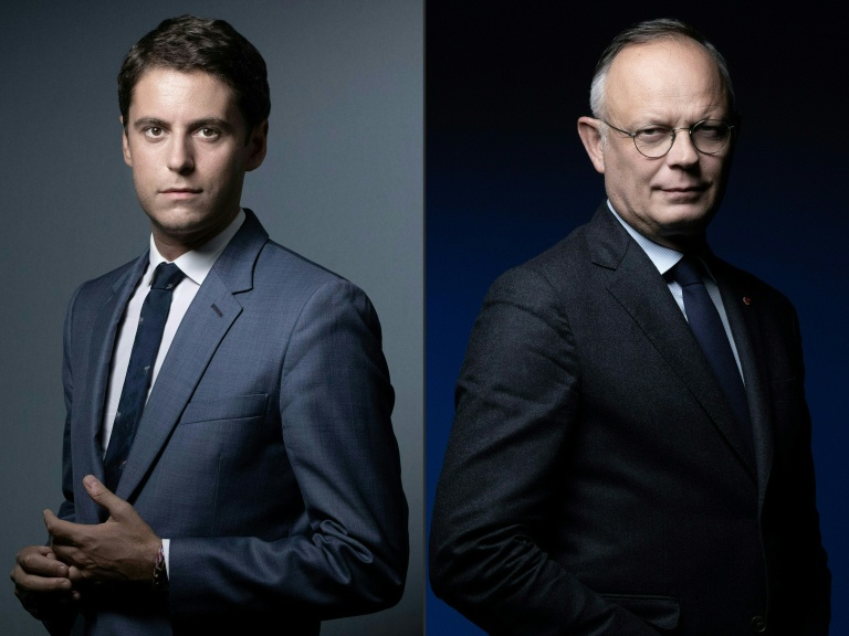 Gabriel Attal (g), alors porte-parole du gouvernement, le  23 septembre 2020 à Paris et le maire du Havre et président du parti Horizons Edouard Philippe à Paris le 26 février 2025