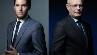 Gabriel Attal (g), alors porte-parole du gouvernement, le  23 septembre 2020 à Paris et le maire du Havre et président du parti Horizons Edouard Philippe à Paris le 26 février 2025