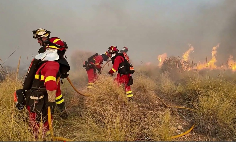 Photo publiée par l'Unité militaire d'urgence (UME), le 10 juillet 2026, montrant des pompiers luttant contre un feu de forêt près de Bedar, dans la province d'Almería, en Espagne
