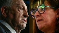 Ce montage photo, réalisé le 11 juin 2026, montre Jean-Michel Aulas,   à Lyon le 26 septembre 2025 et Véronique Sarselli, maire de Sainte-Foy-lès-Lyon et conseillère métropolitaine de Lyon, le 26 mars 2026