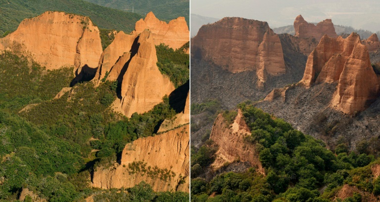 Cette combinaison d'images créee le 11 août 2025 montre le site de Las Médulas, anciennes mines romaines classée par l'Unesco, dans la municipalité de Carucedo, le 4 septembre 2024 (à gauche) et le même endroit photographié le 11 août 2025 (à droite) après qu'un incendie ait ravagé la région.