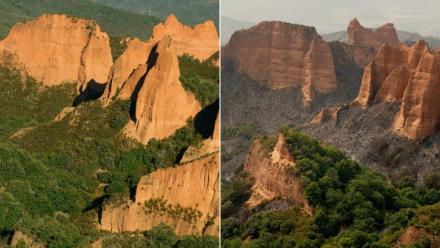 Cette combinaison d'images créee le 11 août 2025 montre le site de Las Médulas, anciennes mines romaines classée par l'Unesco, dans la municipalité de Carucedo, le 4 septembre 2024 (à gauche) et le même endroit photographié le 11 août 2025 (à droite) après qu'un incendie ait ravagé la région.