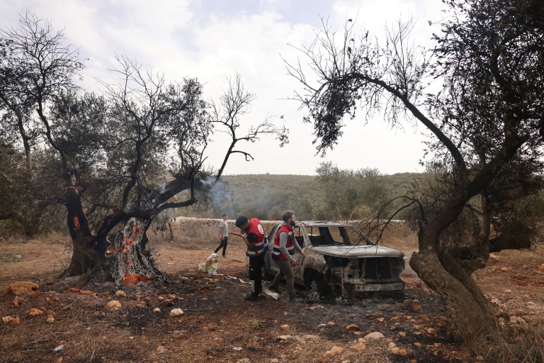 Des bénévoles palestiniens inspectend une oliveraie incendiée par des colons israéliens près de Ramallah, en Cisjordanie, le 16 octobre 2026