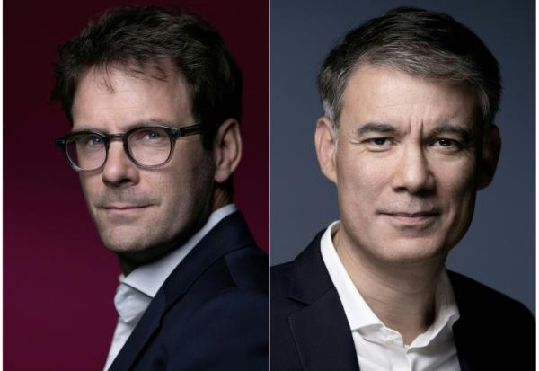 Photos prises le 20 mai 2025 du maire de Rouen Nicolas Mayer-Rossignol (gauche)  à Paris, et le 12 janvier 2023 du premier secrétaire du Parti socialiste (PS) sortant Olivier à Paris