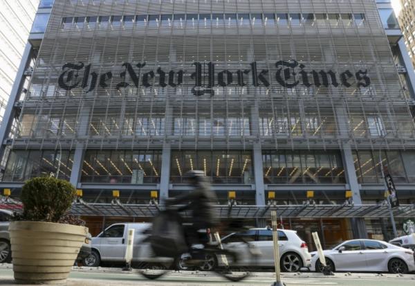 Façade du New York Times, dans la ville éponyme, le 22 janvier 2026