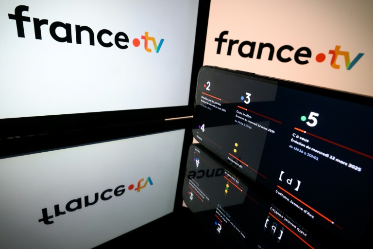 Cette image d'illustration montre le logo de France Télévisions sur des écrans, à Toulouse, le 12 mars 2025