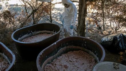 Un expert de l’armée mexicaine près de conteneurs contenant de la pâte de méthamphétamine dans un laboratoire clandestin près de La Rumorosa, au Mexique, le 28 août 2018 