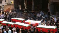 Les funérailles de victimes d'une frappe aérienne israélienne ayant visé le village de Kfar Remmane la veille, dans le sud du Liban, le 8 septembre 2026