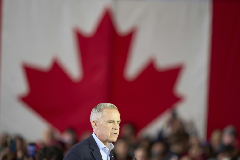 Le Premier ministre canadien et candidat libéral, Mark Carney, à Mississauga en Ontario, lors d'un meeting le 26 avril 2025