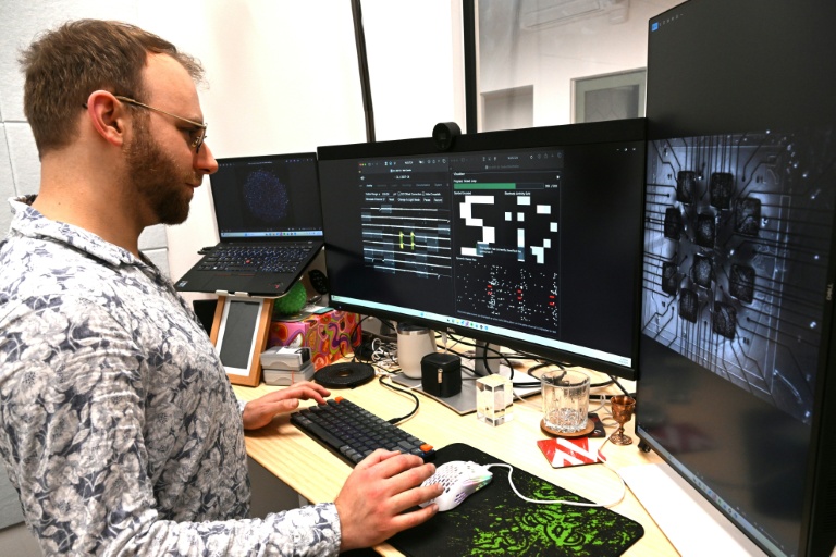Le chercheur Brett Kagan observe au microscope des neurones cultivés dans le laboratoire de l'entreprise australienne Cortical Labs à Melbourne, le 5 mai 2026 
 
