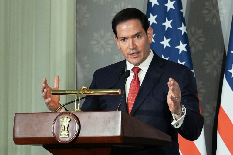 e secrétaire d'Etat américain Marco Rubio lors d'une conférence de presse à New Delhi, le 24 mai 2026 en Inde