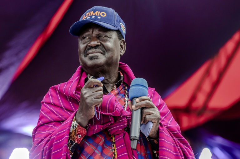 Le chef de l'opposition kényane, Raila Odinga lors d'un rassemblement de campagne au stade Kirigiti, le 1er août 2022 à Narok