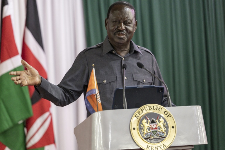 Le leader de l'opposition kényane Raila Odinga fait une déclaration après la signature officielle d'un accord de coopération politique avec le président William Ruto dans le but de renforcer sa présidence après des mois de troubles, le 7 mars 2025 à Nairobi