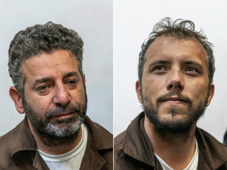 Photomontage réalisé le 9 mai 2026 des portraits du militant espagnol Saif Abu Keshek (G) et du Brésilien Thiago Avila  Keshek à leur arrivée au tribunal de la ville israélienne d'Ashkelon, le 5 mai 2026 
