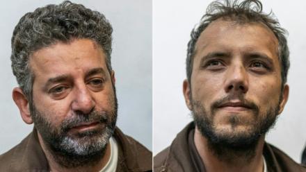 Photomontage réalisé le 9 mai 2026 des portraits du militant espagnol Saif Abu Keshek (G) et du Brésilien Thiago Avila  Keshek à leur arrivée au tribunal de la ville israélienne d'Ashkelon, le 5 mai 2026 