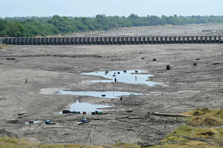 Des habitants traversent le lit du fleuve Godavari asséchée dans le district de Beed, dans l'Etat du Maharashtra, le 4 mai 2025 en Inde
