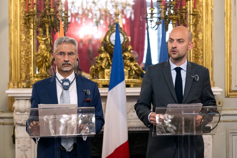 Le ministre indien des Affaires étrangères Subrahmanyam Jaishankar lors d'une conférence de presse à Marseille, avec son homologue français Jean-Noël Barrot, le 13 juin 2025