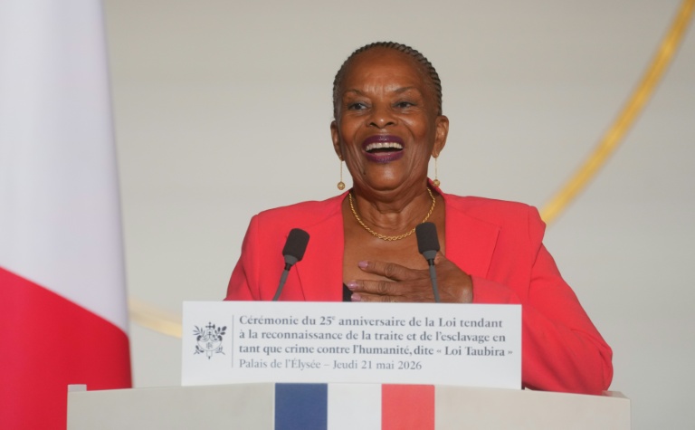 L'ancienne ministre de la Justice, Christiane Taubira,  lors d'une cérémonie à l'Elysée marquant le 25e anniversaire de la loi reconnaissant la traite négrière et l'esclavage comme des crimes contre l'humanité, le 21 mai 2026 à Paris
