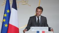 Le président Emmanuel Macron lors d'une cérémonie à l'Elysée marquant le 25e anniversaire de la loi reconnaissant la traite négrière et l'esclavage comme des crimes contre l'humanité, le 21 mai 2026 à Paris