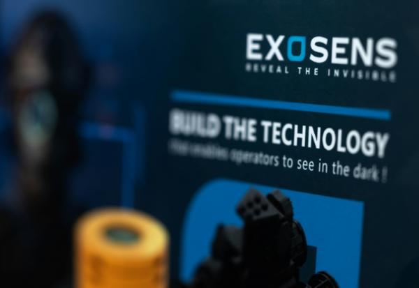 Le logo de l'entreprise française Exosens, leader mondial dans les domaines de l’amplification, de la détection et des technologies d’imagerie électro-optiques, le 9 octobre 2026 à Paris 