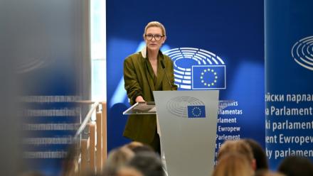 L'actrice et productrice australienne Cate Blanchett lors du lancement du "Registre RSL Media de consentement humain pour la protection de l'identité à l'ère de l'IA ", au Parlement européen à Bruxelles, le 23 juin 2026