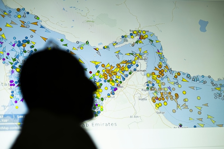 Un écran affiche les mouvements des navires dans le détroit d'Ormuz sur un site de suivi de navires à Nicosie, le 4 mai 2026 à Chypre