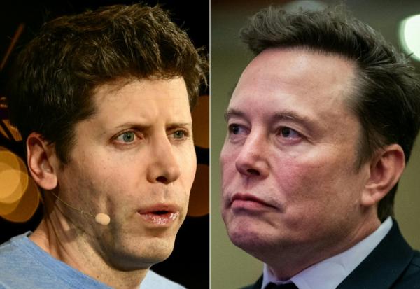 Combinaison d'images créée le 27 décembre 2024 du patron d'OpenAI Sam Altman, le 17 octobre 2023 à Laguna Beach, en Californie (à gauche), et celui de Tesla et SpaceX Elon Musk, le 13 novembre 2024 à Washington
