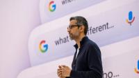 Le patron de Google Sundar Pichai s'adresse au public lors de la conférence annuelle du groupe pour les développeurs à Mountain View, en Californie, le 20 mai 2025.
