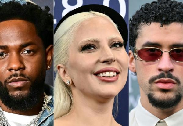 Photomontage des favoris des 68e Grammy Awards, Kendrick Lamar, Lady Gaga et Bad Bunny