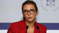 La ministre chargée de la Lutte contre les discriminations, Aurore Bergé, lors d'une conférence de presse à l'issue du Conseil des ministres, le 10 septembre 2026 à Paris