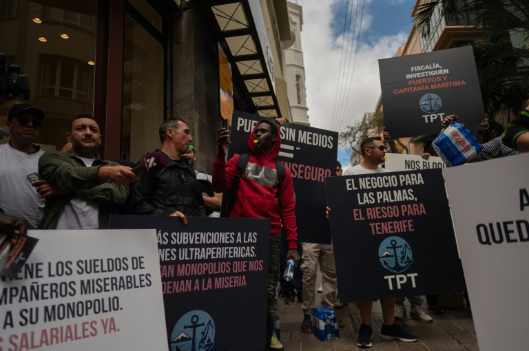 Manifestation d'employés du port à Tenerife contre l'arrivée du bateau de croisière MV Hondius, le 8 mai 2026