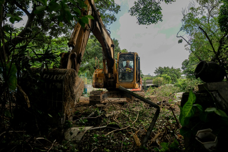 Une pelleteuse en action dans le cadre d'un vaste projet de pôle technologique, le 23 juin 2026 dans le secteur des Nouveaux Territoires, à Hong Kong 