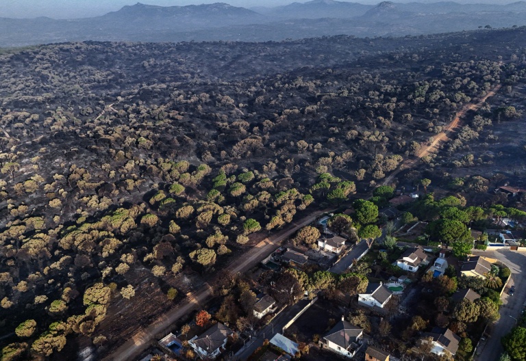 Cette image aérienne prise à l’aide d’un drone le 30 juillet 2026 montre des habitations dévastées par un incendie de forêt dans le lotissement d'Encinar del Alberche, à Villa del Prado, située à 60 kilomètres au sud-ouest de Madrid en Espagne