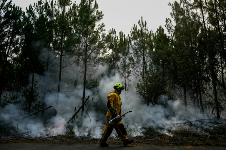 Un pompier dans une forêt au Porge, au nord du bassin d'Arcachon, le 30 juillet 2026, pendant les incendies de forêt qui touchent la Gironde, dans le sud-ouest de la France.