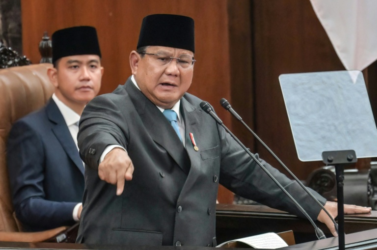 Le président indonésien Prabowo Subianto (g) et le vice-président Gibran Rakabuming Raka, au Parlement à Jakarta, le 20 mai 2026