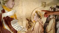 Une fresque du XIVe siècle de Giotto lors d'une visite de presse marquant la fin des travaux de restauration dans la basilique Santa Croce à Florence, le 12 juin 2026 en Italie