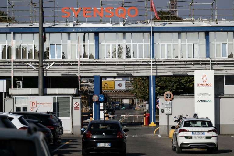 Vue de l'entrée de l'usine chimique Syensqo à Spinetta Marengo, près d’Alessandria, dans le nord de l’Italie, le 29 septembre 2026