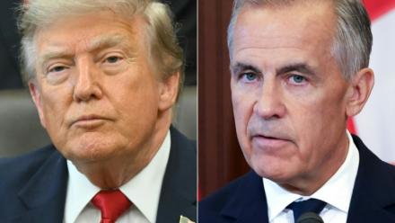 Cette combinaison de photos créée le 22 août 2026 montre, à gauche, le président américain Donald Trump à Washington, le 13 juillet 2026, et à droite le Premier ministre canadien Mark Carney le 22 août 2026 à Ottawa