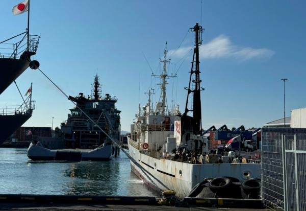 Photo prise le 31 juillet 2026 et fournie par la Fondation Paul Watson le 1er août 2026 montrant à droite le Bandero, navire de la Fondation, flanqué à gauche par un bateau des garde-côtes islandais, dans le port de Reykjavik