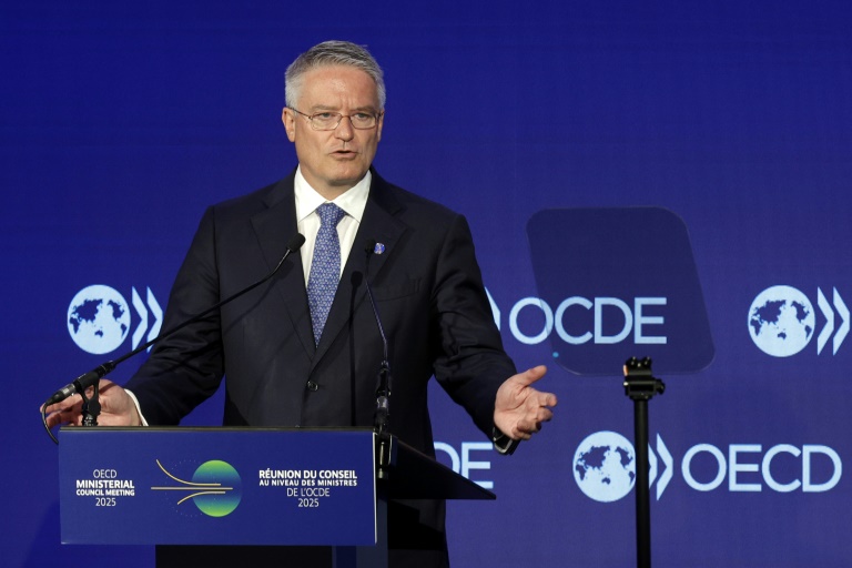 Le secrétaire général de l'OCDE Mathias Cormann s'exprime le 3 juin 2025 au siège de l'OCDE à Paris