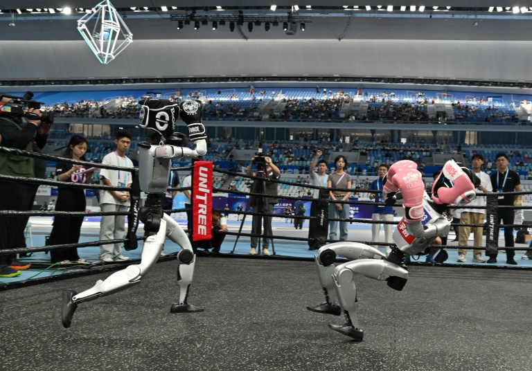 Deux robots s'affrontent lors de la première compétition mondiale de robots humanoïdes à Pékin, le 15 août 2025