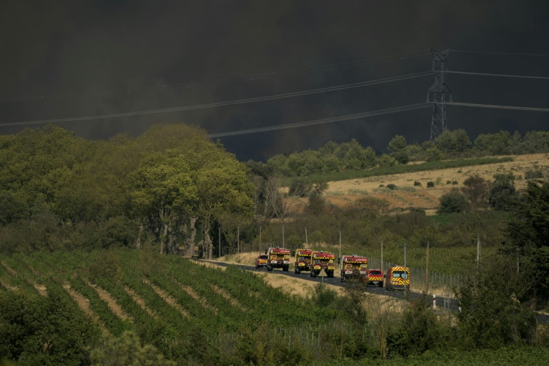 Des véhicules de pompiers sur une route bordée par des vignes le 5 août 2025 à Tournissan, dans l'Aude 