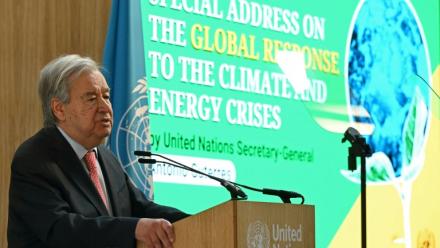 Le secrétaire général de l'ONU, Antonio Guterres, lors d'un discours à la London Climate Action Week à Londres, le 23 juin 2026