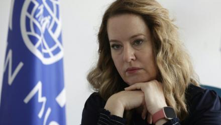 Amy Pope, directrice générale de l'Organisation internationale pour les migrations de l'ONU (OIM), le 21 octobre 2025, à Rabat au Maroc
