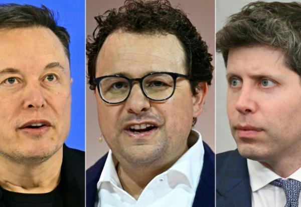 Montage photo montrant (de gauche à droite) Elon Musk à Davos, en Suisse, le 22 janvier 2026, Dario Amodei, patron d'Anthropic, à Paris le 22 mai 2024, et Sam Altman, patron d'OpenAI, à Washington, le 22 juillet 2025