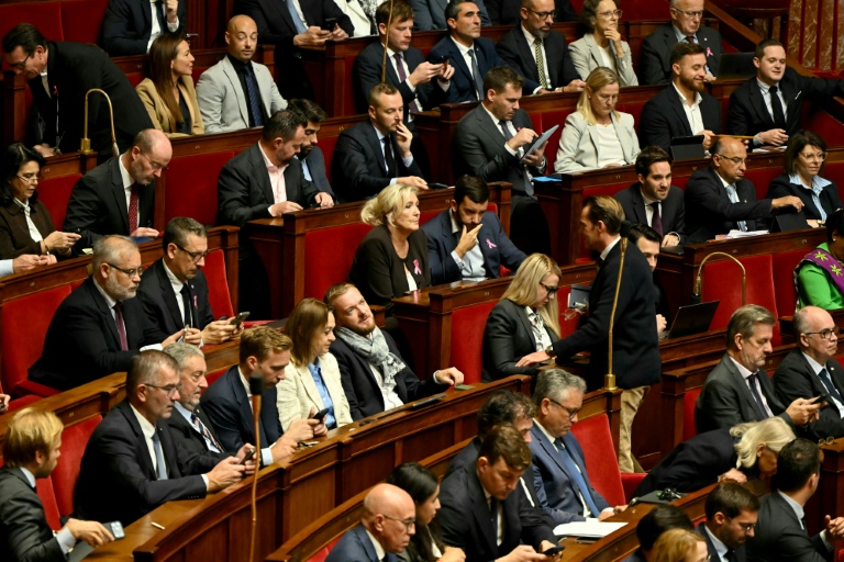 Marine Le Pen (c), présidente du groupe RN, assise avec les députés du RN et ceux de son allié l'UDR lors de la journée réservée à l'Assemblée nationale, le 8 octobre 2026 à Paris