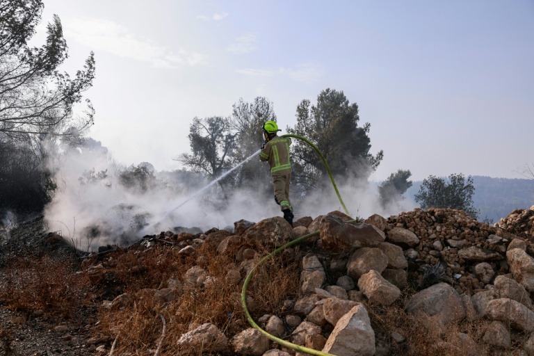 Un pompier israélien lutte contre le feu près du monastère de Latrun, le 1er mai 2025