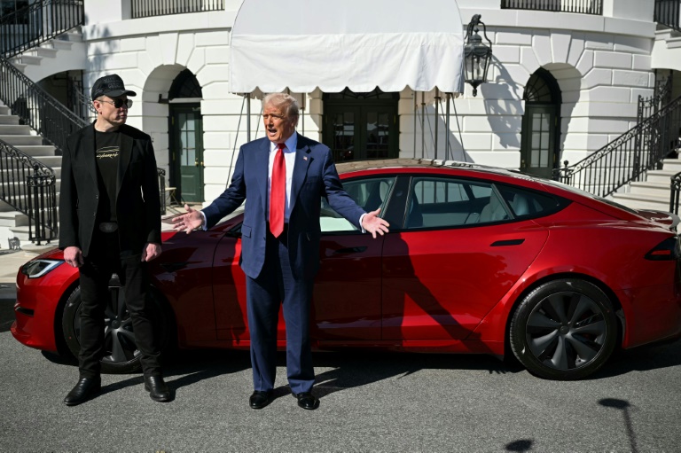 Le président américain Donald Trump et Elon Musk devant un véhicule Tesla à la Maison Blanche, le 11 mars 2025 à Washington